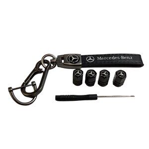 For Mercedes Benz Black Premium Key Chain & 4 Black Premium Valve Stem Caps NEW